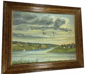Rain Birds Landscape Painting Cloudy Grey Sky Signed Dawson Folk Art oak frame - Picture 1 of 17