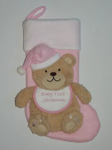 Baby's First Christmas Stocking Pink 3D Bear Embroidered Paw Prints Hat Bib 17" - Picture 1 of 6