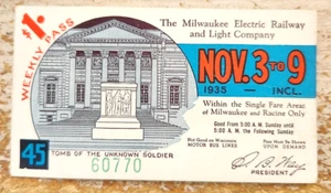 1935 Milwaukee Electric Railway and Light Company Weekly Pass Card - Picture 1 of 3