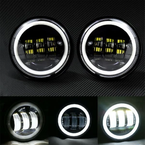 4.5 Inch Led Fog Lights w/White Halo Ring Angel Eyes DRL Bulb Fit For Harley - Picture 1 of 9