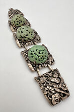 Antique Old Chinese Repousse Silver Carved Ball Turquoise Link Bracelet