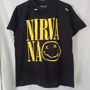 Nirvana Black T-Shirt Smiley Face Music Concert Tour 90s Rock Band Large - Picture 1 of 9