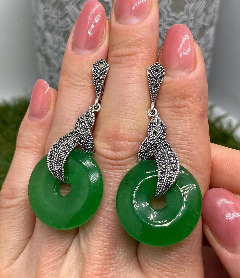 Pendientes de piedras preciosas de jadeíta y marcasita, plata de ley 925 Foto 1 de 1