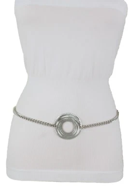 Mujeres Plata Metal Cadena Cinturón Ajustado Cadera Cintura Alta Redonda Círculo Hebilla M L XL Foto 1 de 4