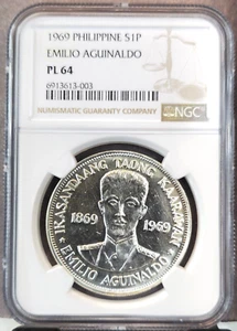 1969 PHILIPPINES SILVER 1 PISO EMILO AGUINALDO NGC PL 64 BEAUTIFUL PROOF LIKE - Picture 1 of 3