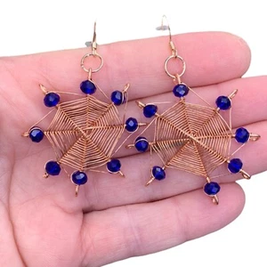Blue Sapphire Gemstone Bead Copper Wire Wrap Spider Web Earrings Gothic Jewelry - Picture 1 of 10