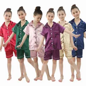New Teenager Satin Pajamas Kids Solid Color Loungewear Boys Sleepwear Girls Home - Picture 1 of 37