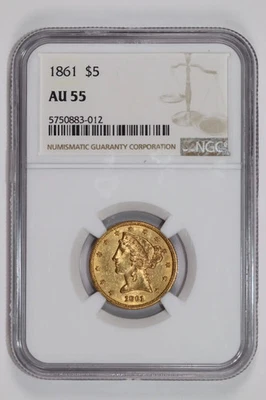 1861 $5 GOLD LIBERTY HALF EAGLE NGC AU55 - Image 1 of 2