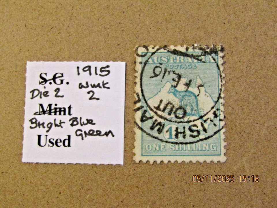 AUSTRALIA SG 28 KANGAROO 1/- BRIGHT BLUE GREEN DIE 2 WMK 2/SG No.5 WMK - Image 1 of 1