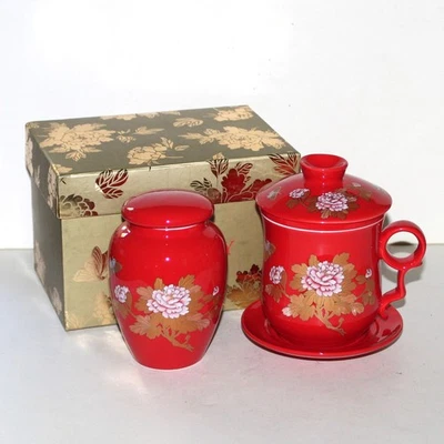 Teavana Red Peony Tea Infuser Mug and Canister Set porcelain pink gold - Image 1 of 4