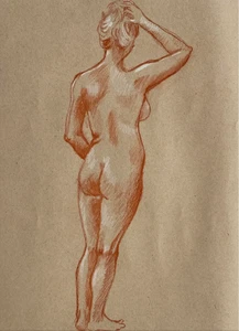 Dibujo desnudo femenino de pie de Ron Yrabedra de los años 90 - Imagen 1 de 2