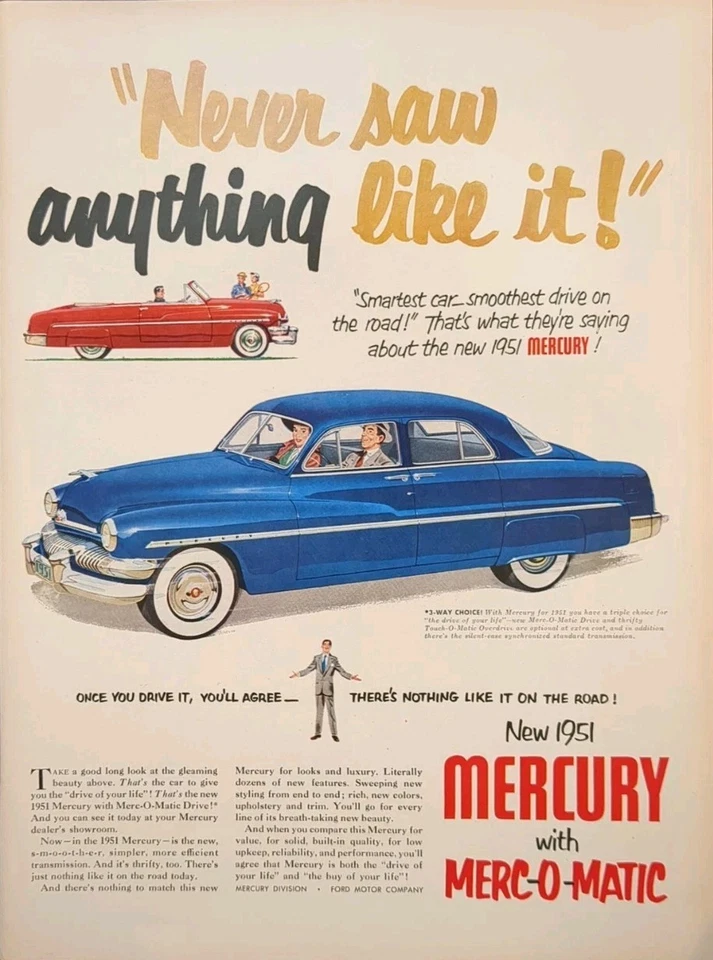 Anúncio vintage 1950 com estampa Mercury. All-American Favorite. Arte de parede de sedã azul - Imagem 1 de 1