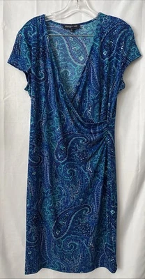 Jones New York Dress Womens Large Blue Aqua Paisley Cap Sleeve Stretch - Image 1 of 4