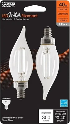 Filament LED Bulb BA10 E12 40W Soft White Clear 2PK - FEIT BPCFC40927WFIL2 - Image 1 of 3