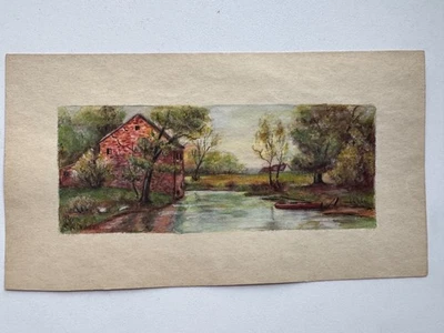 Винтажная акварель 1920-х пейзаж деревенский сарай туалет Vincent 4 x 8 - Изображение 1 из 4