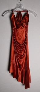 Vintage Jodi Kristopher Orange Satin Ruched Asymmetrical Halter Y2K Prom Dress M - Picture 1 of 5
