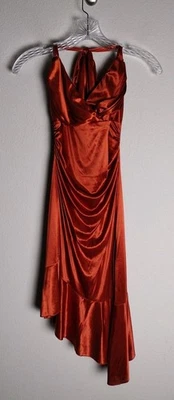 Vintage Jodi Kristopher Orange Satin Ruched Asymmetrical Halter Y2K Prom Dress M - Image 1 of 4