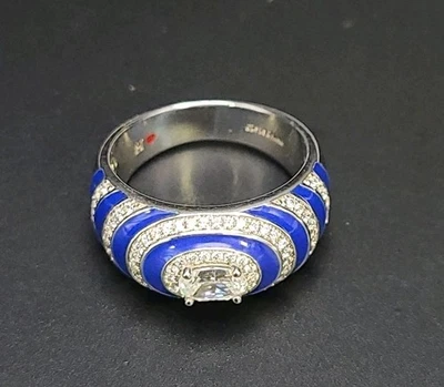 Vintage Hidalgo H Heart Cobalt Blue Enamel CZ Sterling Silver Band Ring SZ 8 QVC - Image 1 of 4