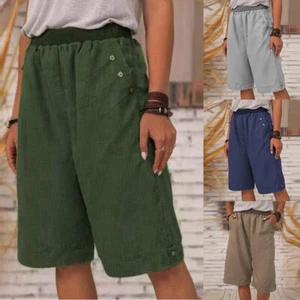 Women Elastic Waist Casual Shorts Cotton Linen Pockets Summer Short Pants+ - Picture 1 of 16