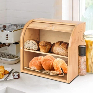 Caja de pan de 2 capas guardián de pan madera de bambú con tapa contenedores de almacenamiento de cocina - Imagen 1 de 11