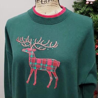 Moletom Vintage Grande Feio Aplique de Natal Xadrez Rena Vovó Tripulação - Imagem 1 de 4