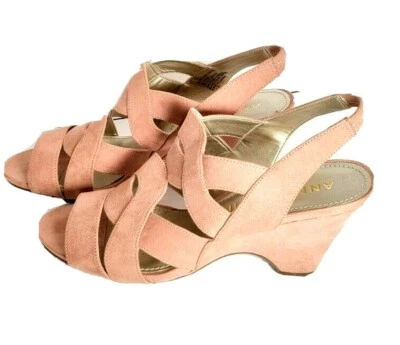 Sandalia Anne Klein AK7GWEN Rosa Gamuza Punta Abierta Tacón de Cuña Sin Cordones Tirantes Talla 10.5 Foto 1 de 4