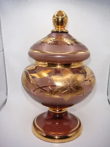 VINTAGE BOHEMIAN AMETHYST GLASS COOKIE CANDY JAR VASE LID GOLD PAINTED FLOWERS - Picture 1 of 12