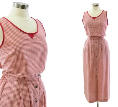 90S Vintage Red Gingham Skirt Set Outfit Full Button Front Sleeveless Medium - Image 1 of 4