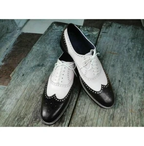 Handmade Mens Spectator Two Tone Wing Tip Brogue Dress Shoes, Shoes for Men - Picture 1 of 2