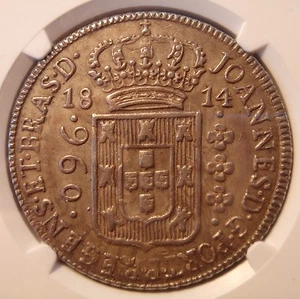 1814B Brazil Silver 960 Reis Counterstruck on 8 Reales NGC AU53! - Picture 1 of 4