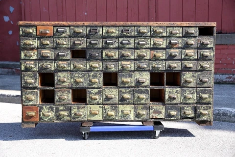 Antique wood Apothecary Cabinet green file box Industrial hardware store storage Cover