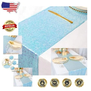 5-Pack 12x108 Inch Aqua Sequin Table Runners - Perfect for Baby Showers & Events - Picture 1 of 9