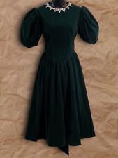 Women’s Vintage Handmade Dark Green Suede White Lace Neck Puff Sleeve Gown