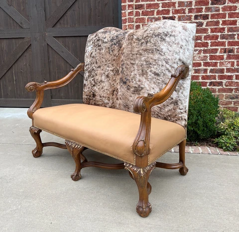 Antique Sofa Bench Settee Loveseat Cowhide Walnut Frame Western Farmhouse Lodge Cover