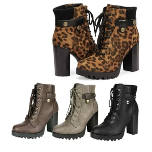 Damen Winter Stiefeletten hoher klobiger Absatz Schnürung seitlicher Reißverschluss Boots - Bild 1 von 26