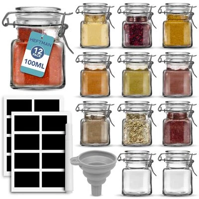 HEFTMAN Top Spice Jars with Lids Funnel Labels Airtight Seal 100mL 12 Mini Clip - Image 1 of 4