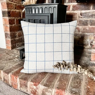 1513. Handmade Blue Check LINEN blend Cushion Cover, Various sizes - Image 1 of 4