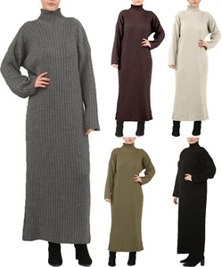 Womens Ribbed Turtle Neck Knitted Maxi Dress Funnel High Neck Winter Wear Dress - Picture 1 of 11