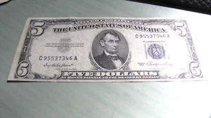 1953-$5 Dollar Blue Seal Silver Certificate Dollar Banknote C 95537346 A - Picture 1 of 5