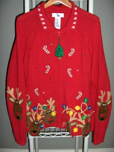 MS LEE M ZIP UP UGLY CHRISTMAS WOMEN'S SWEATER FUNNY REINDEER CANDY CANES SEQUIN - Picture 1 of 3