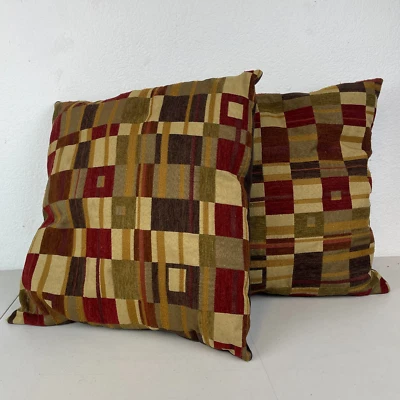 Juego de 2 almohadas decorativas cuadradas marrón rojo 14x14 a cuadros geométricos Foto 1 de 4