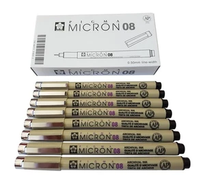 Pigma Micron pen 08 Black felt tip artist drawing pens - 8 pen set - Picture 1 of 6
