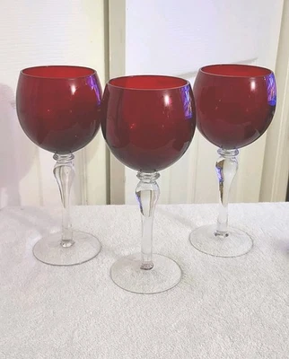 BOWL LONG STEM RUBY GOBLET CLEAR ART GLASS STEM & BASE - 8.5"H - 3 ct. - Image 1 of 4