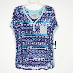 Cuddl Duds Knit Henley Short Sleeve Top - Navy Blue Print - Elephants - SZ L - Picture 1 of 5