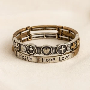 Faith Hope Love Mixed Metal Stretch Bracelet Anchor Heart Cross Symbols - Picture 1 of 6