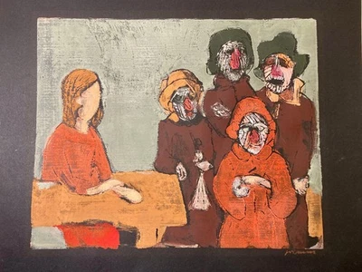  Willem Grimm, Hamburger Sezession, Farbholzschnitt: "Um den Tisch" signiert - Bild 1 von 2