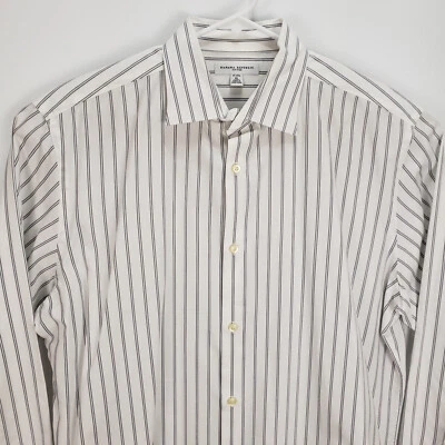 Camisa social Banana Republic manga longa listrada branca masculina 17 XL ajustada - Imagem 1 de 4