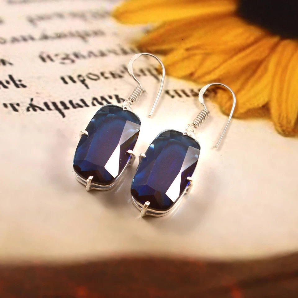 Blue Sapphire Quartz Cushion Gemstone Silver Plated Earrings Jewelry 1.25" - Image 1 of 3