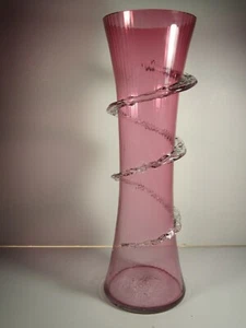 Tall Antique 1880s Vertical Ribs Cranberry & Applied Clear Rigaree Bohemian Vase - Picture 1 of 7