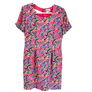 Vtg Y2K Robbie Bee Silk Floral Shift Dress 12 Red Lined Short Sleeve Knee Length - Picture 1 of 7